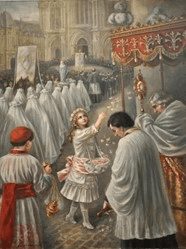 St Therese throwing flowers at the monstrance during a Blessed Sacrament procession