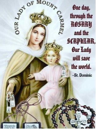 Our Lady of Mt Carmel holding the Infant Jesus and a scapular, preceded by a rosary.
