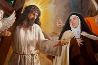 Jesus carrying the cross next to St Teresa in her vision