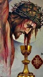 Jesus bleeding on the cross from his crown of thorns into a chalice.